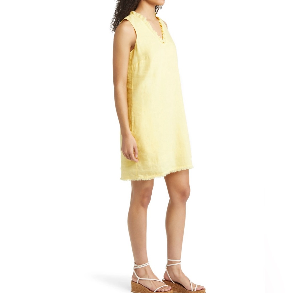 Tommy Bahama Yellow Two Palms Ruffle Neck A Line Linen Dress Size Medium
